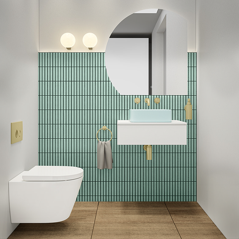 Half tiled bathroom with teal kit kat tiles at half height and plain walls above