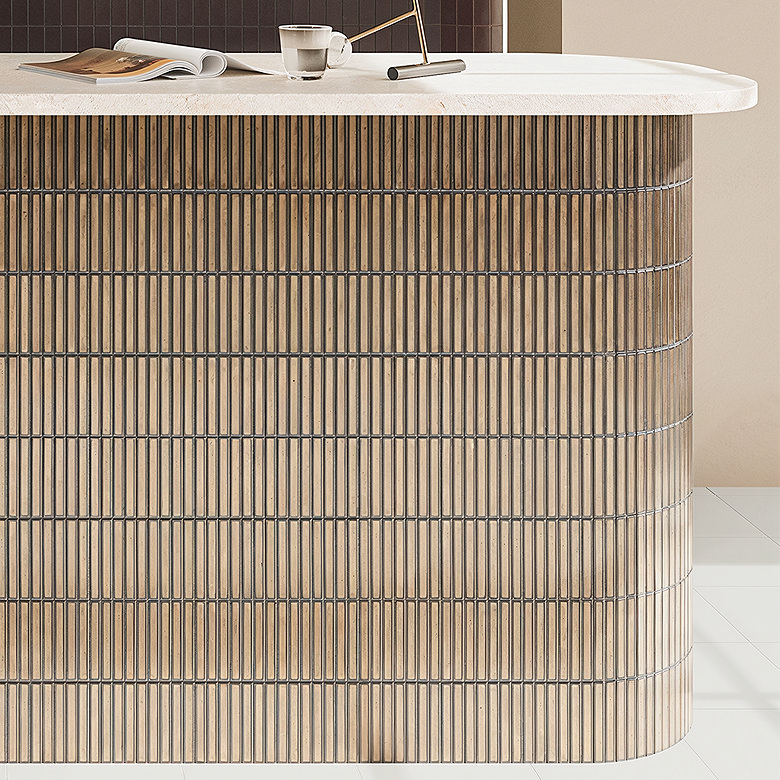 Kit Kat tiles wrapping curved kitchen island.