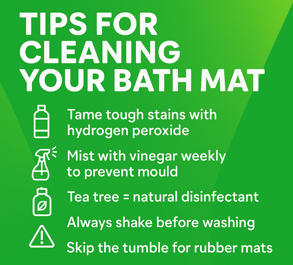 Infographic titled “Tips for Cleaning Your Bath Mat” listing five cleaning tips, including using hydrogen peroxide, vinegar misting, tea tree oil, shaking before washing, and avoiding tumble drying rubber mats. Green background with white icons.