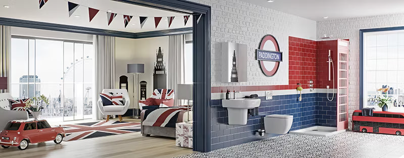 London-themed shared bathroom and bedroom featuring Union Jack decor, Paddington Station sign, red and blue subway tiles, and a playful design with a mini red bus storage unit and toy car.