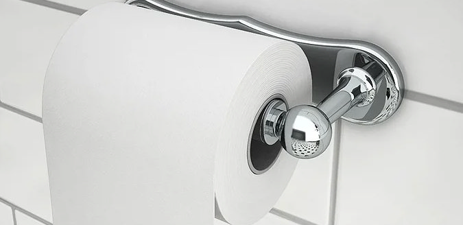 A modern bathroom toilet roll holder, symbolising the evolution and widespread use of toilet paper in today's world, compared to historical methods of hygiene.