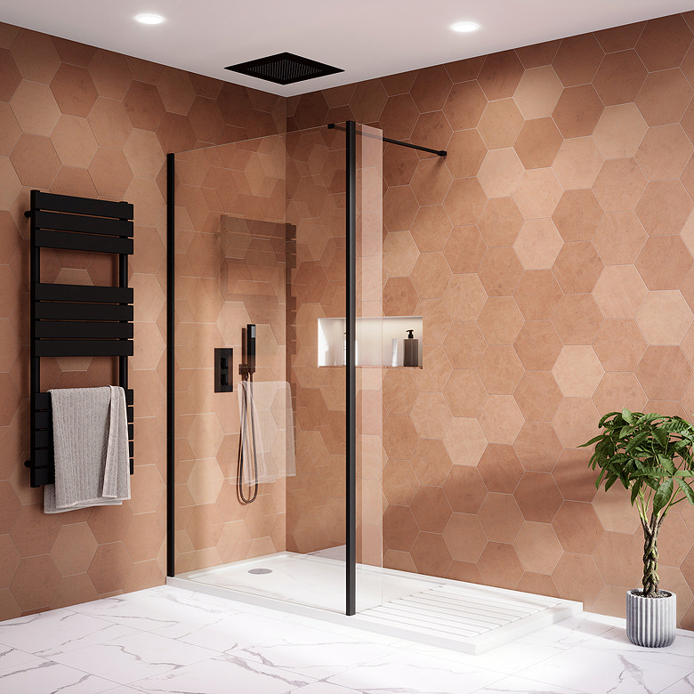 Modern walk-in shower with warm terracotta hexagon tiles, black framed glass screen, rainfall shower and heated towel rail