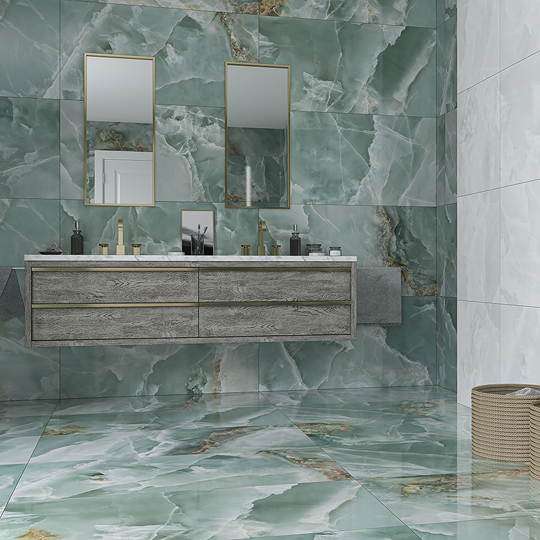 Green onyx-effect porcelain tiles in modern bathroom.