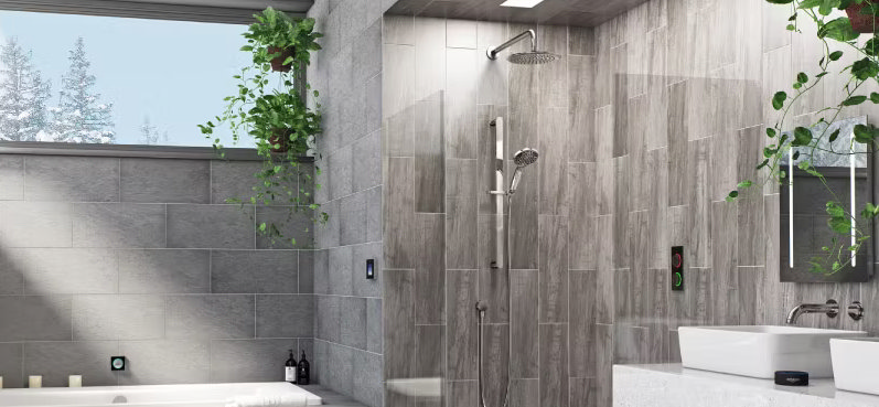 Modern grey bathroom with plants, featuring a walk-in shower, floating sink, and large bath to create a calming, natural atmosphere.