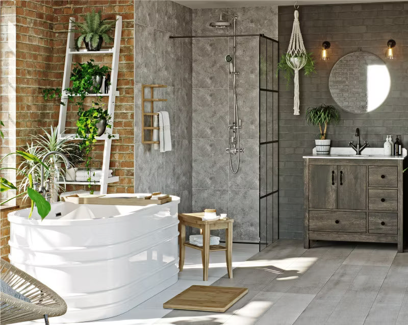 Rustic bathroom with a freestanding tub, ladder shelf filled with greenery, hanging macramé plant, and a walk-in shower with industrial glass, creating a serene, nature-inspired atmosphere.