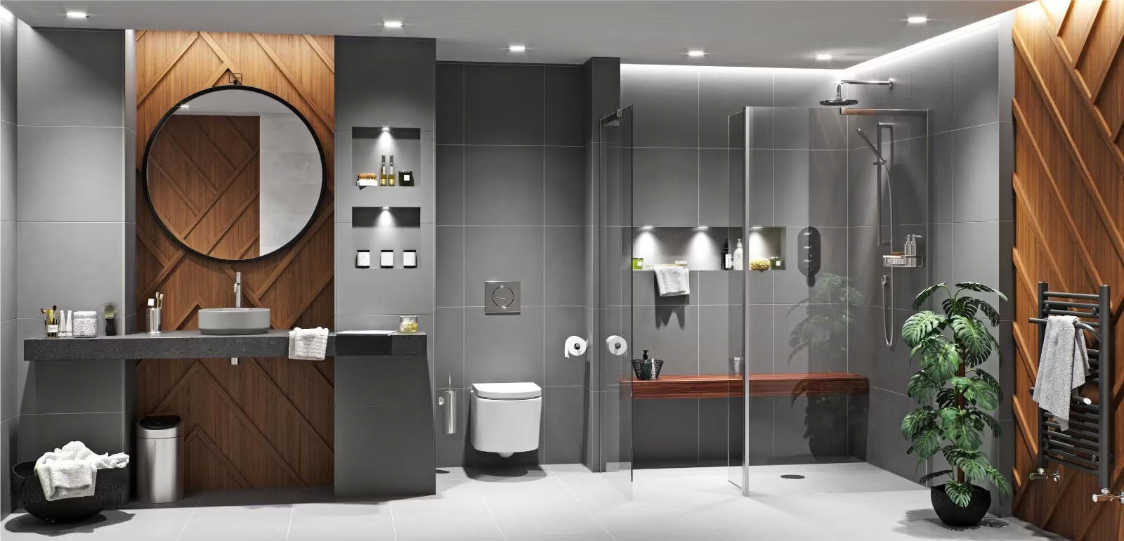 Modern dark bathroom with sleek grey tiles, warm wooden accents, and a large circular mirror, featuring an open shower area with glass partition and a stylish floating vanity.