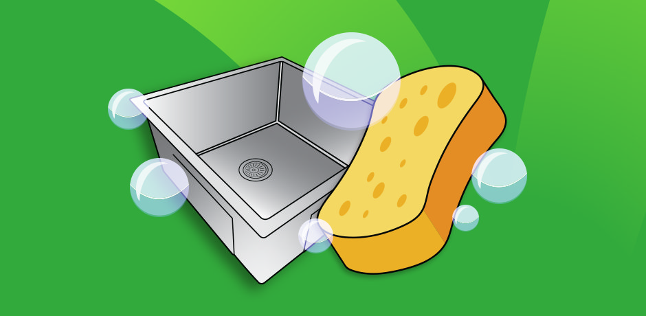 Scrubbing a stainless steel sink with baking soda and a sponge for thorough cleaning