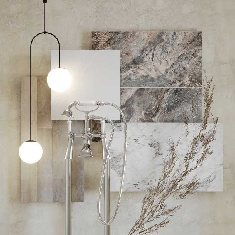 Quiet Luxury mood board featuring marble and wood textures, elegant freestanding bath filler, and ambient lighting. Soft, natural tones blend for an understated, timeless bathroom design.