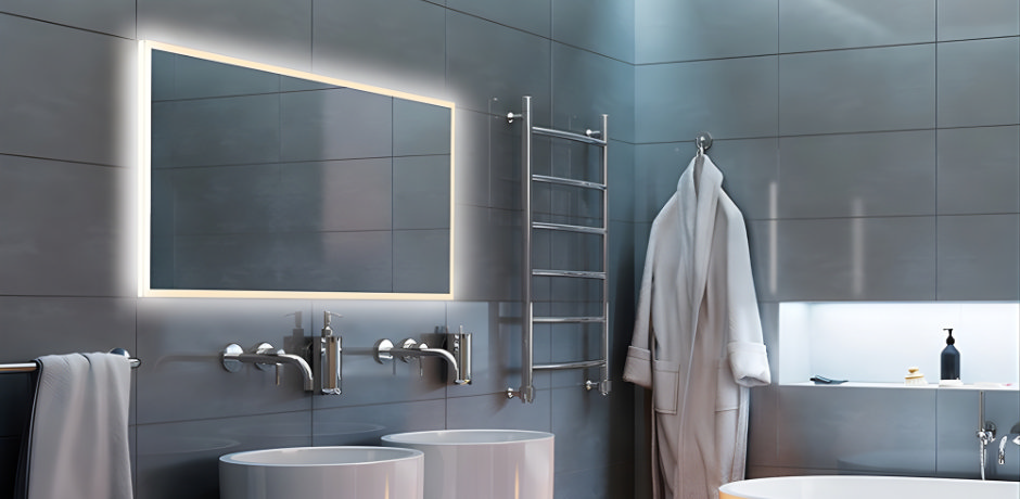 LED illuminated heated bathroom mirror with anti-fog demister above double vanity sinks