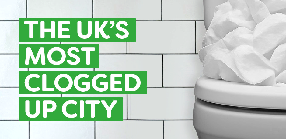 White-tile bathroom graphic showing a toilet stuffed with tissue beside text reading “The UK’s most clogged-up city.”