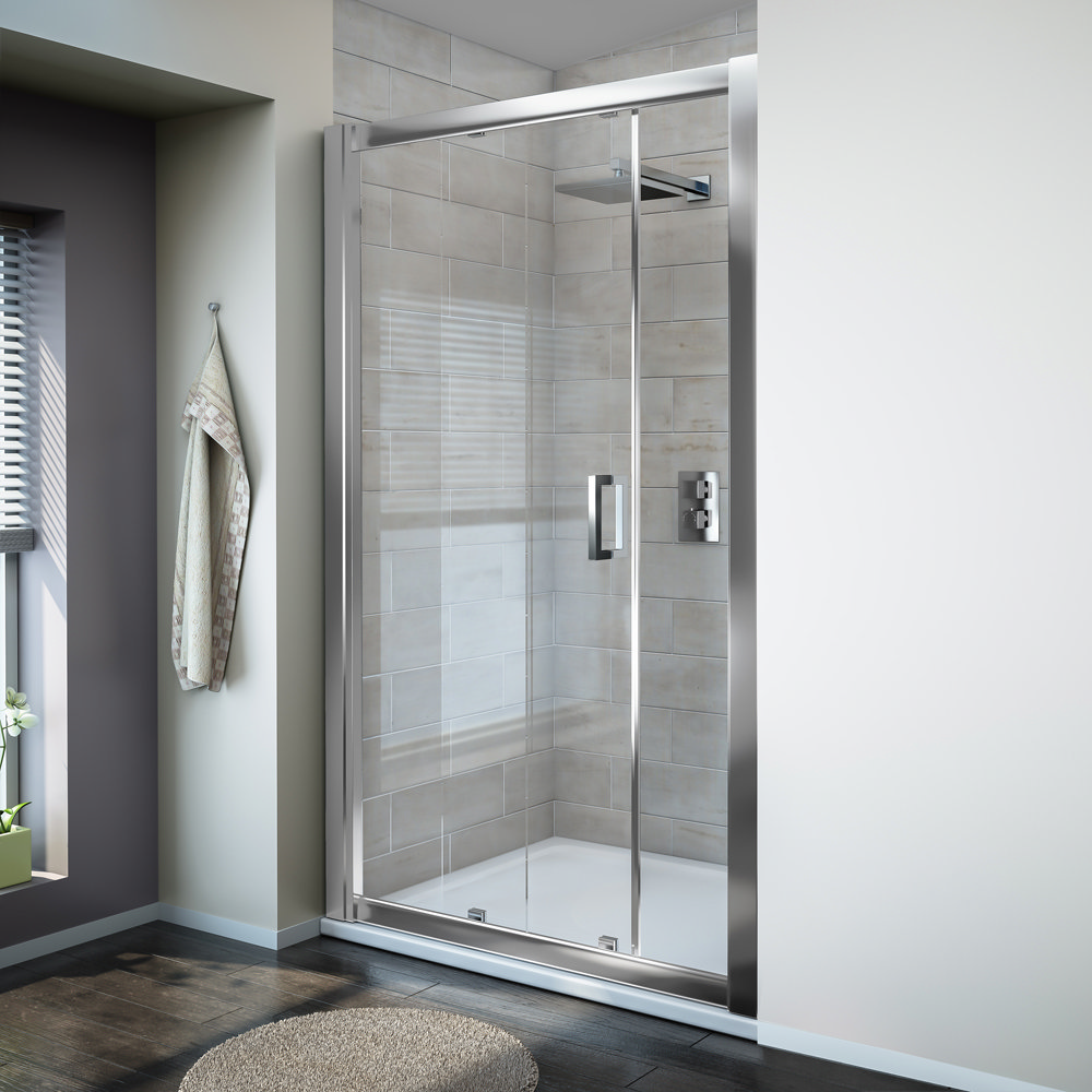 Modern walk-in shower with sliding glass doors, chrome fixtures, and light beige wall tiles, creating a sleek and minimalist bathroom look.
