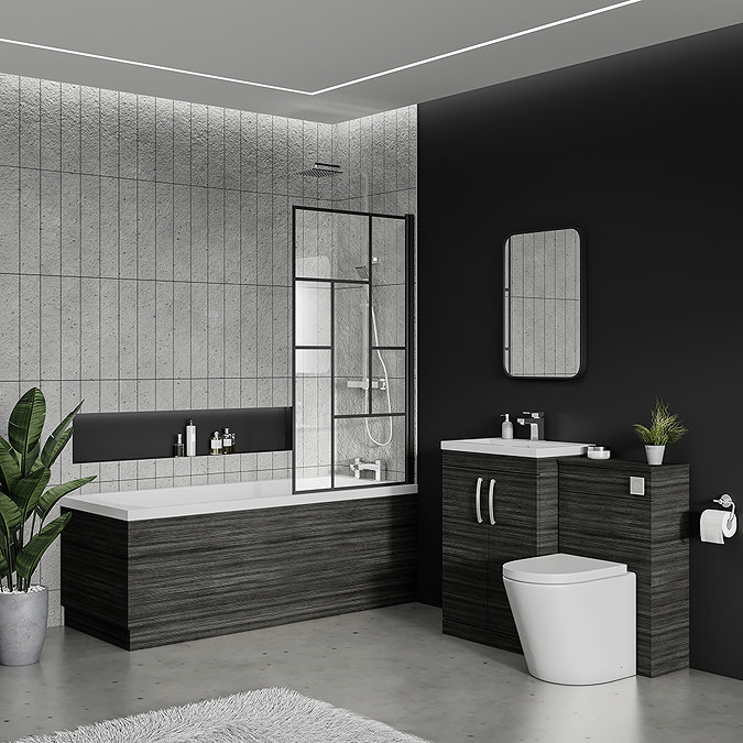 Contemporary bathroom with a sleek black and grey palette, featuring a modern shower-bath combo with grid-style screen, wood-effect vanity unit, and minimalist fixtures.