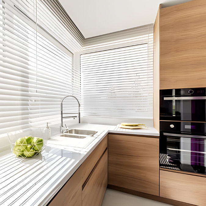 Bright kitchen with white venetian blinds, wooden cabinets, and modern built-in oven