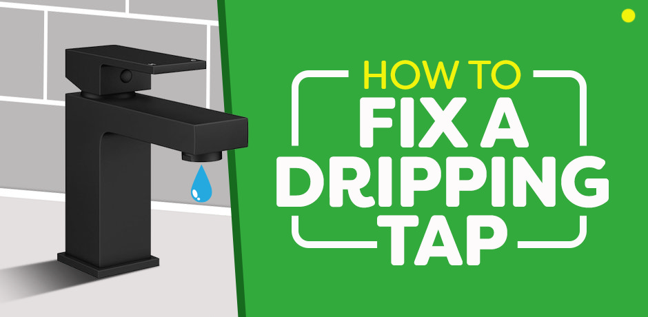 Illustration of a modern black mixer tap dripping water with text “How to Fix a Dripping Tap