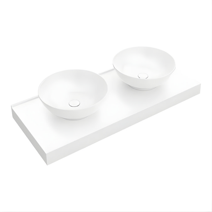 White floating countertop with two round white countertop basins.