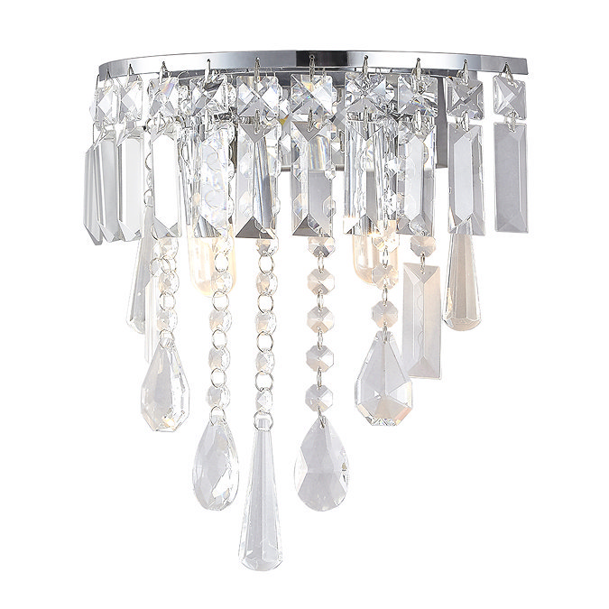 Elegant crystal wall sconce featuring cascading glass prisms and teardrop accents, mounted on a polished chrome base.