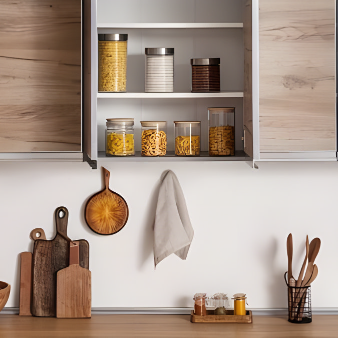 Modern kitchen with wooden cabinets, open shelving, glass jars of pasta and grains, and wooden chopping boards
