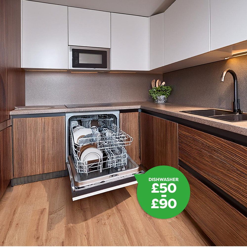 Modern kitchen with an open dishwasher, showing installation costs of £50-£90, part of a 2024 kitchen renovation budget guide.