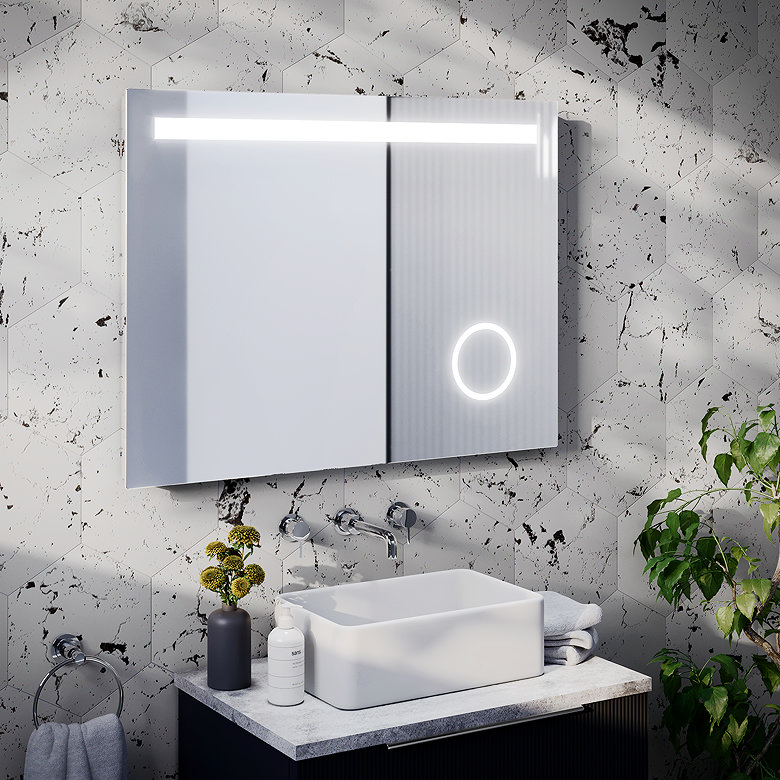 LED illuminated heated bathroom mirror cabinet with anti-fog demister and touch controls above basin
