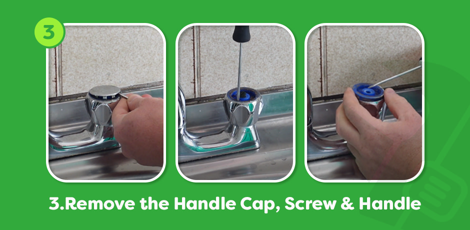 Removing tap handle: lift cap, undo fixing screw and take off handle