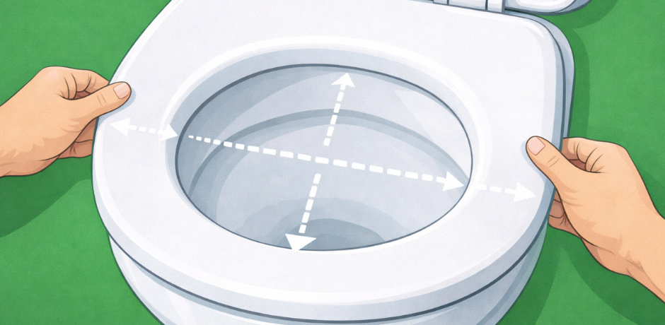 Aligning and centring a toilet seat evenly on the pan before tightening the bolts