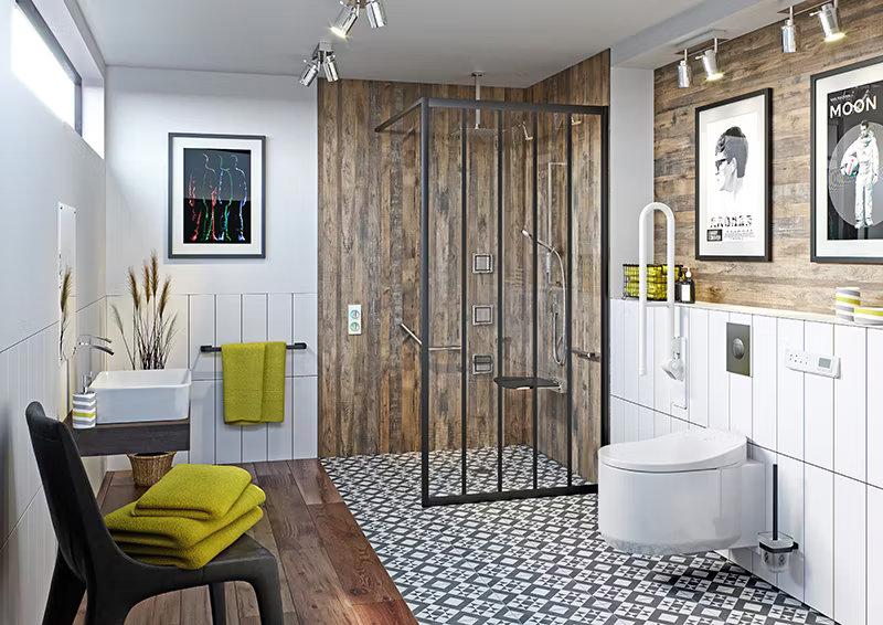 Modern accessible wet room with wooden panelled walls, black framed shower enclosure, fold-down shower seat, and patterned floor tiles