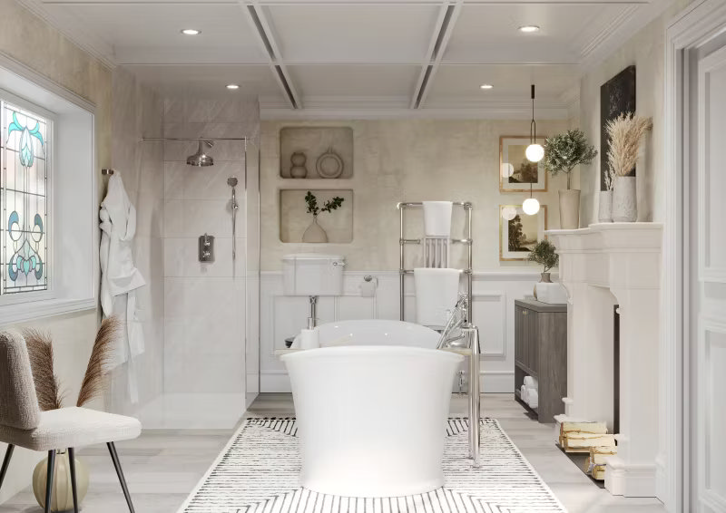 Elegant Quiet Luxury bathroom with freestanding slipper bath, walk-in shower, and cosy fireplace. Soft neutral tones, subtle lighting, and refined details create a timeless, serene retreat.