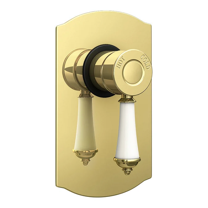 Gold traditional dual control shower valve with white handles