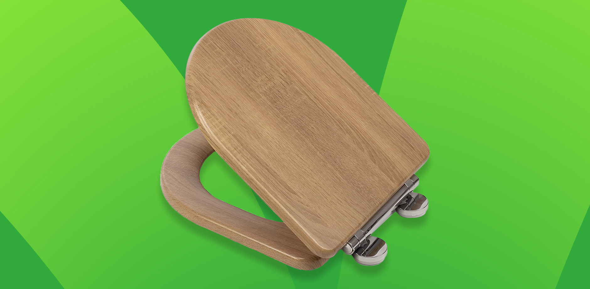 Wooden D-shaped toilet seat shown closed with metal hinges