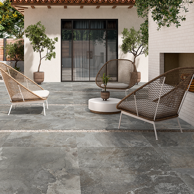 Taranto Grey 60x90 slate-effect porcelain patio tiles