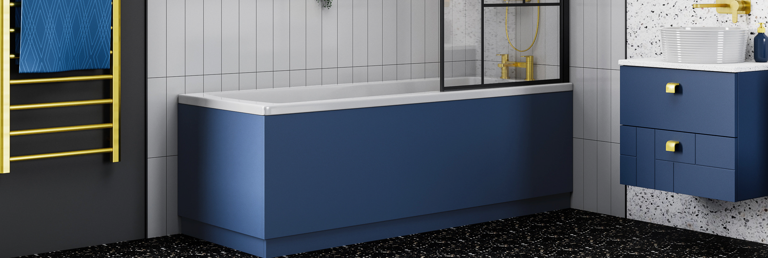 White gloss MDF bath panel with a matching plinth, fitted to a modern straight bath for a clean and seamless finish.