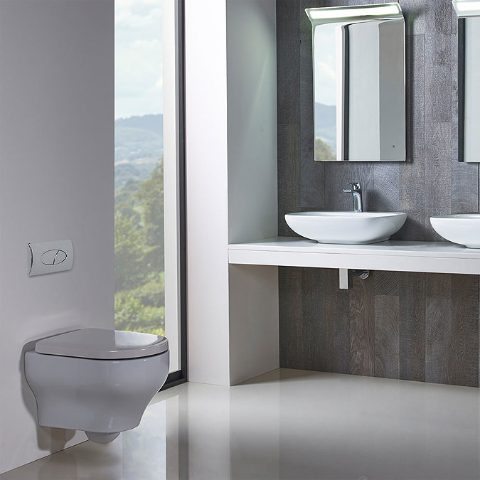 Minimalist bathroom design with a wall-hung toilet, floating vanity with vessel sinks, and LED mirror cabinets. The clean, modern aesthetic is enhanced by the grey wood-effect wall panels and large floor-to-ceiling window.