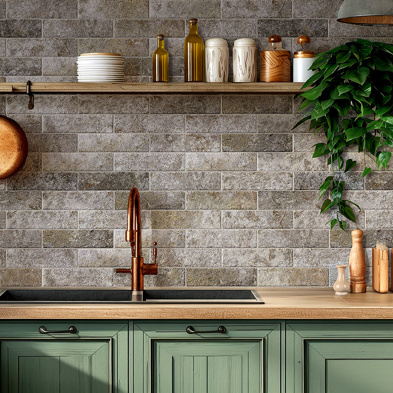 Warm stone effect kitchen tiles with rustic texture.