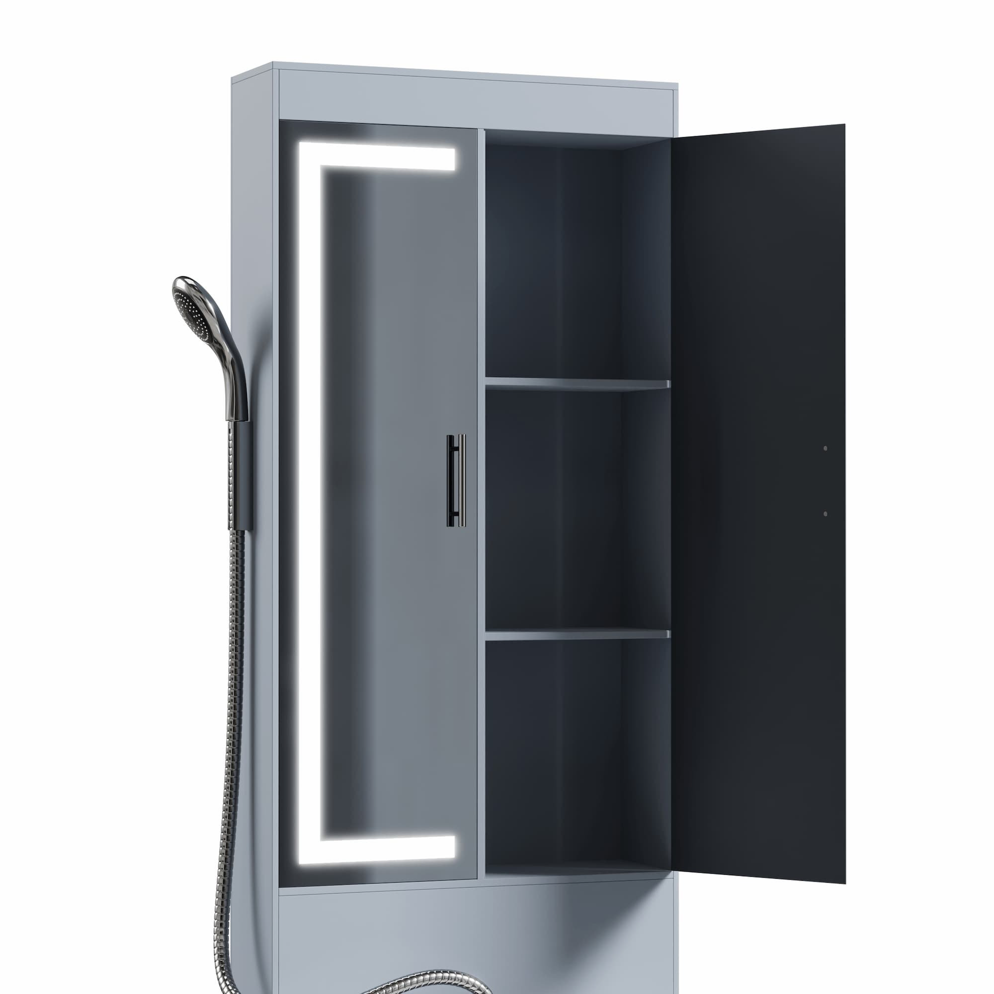 Open mirror cabinet of the 4-in-1 bathroom unit, revealing multiple storage shelves alongside an attached shower head.