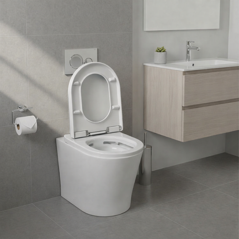 Toilet with seat lifted showing bowl before cleaning, beside floating bathroom vanity