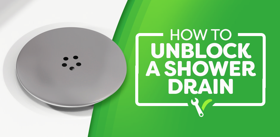 Chrome shower drain cover with blog title overlay ‘How to Unblock a Shower Drain’ on green background