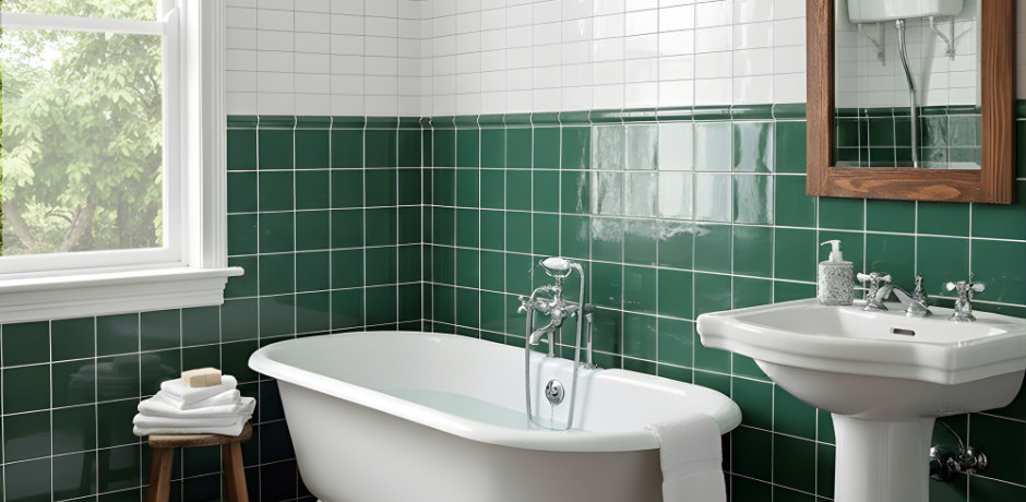 Straight lay bathroom wall tile pattern with green square tiles in grid layout around bath and basin