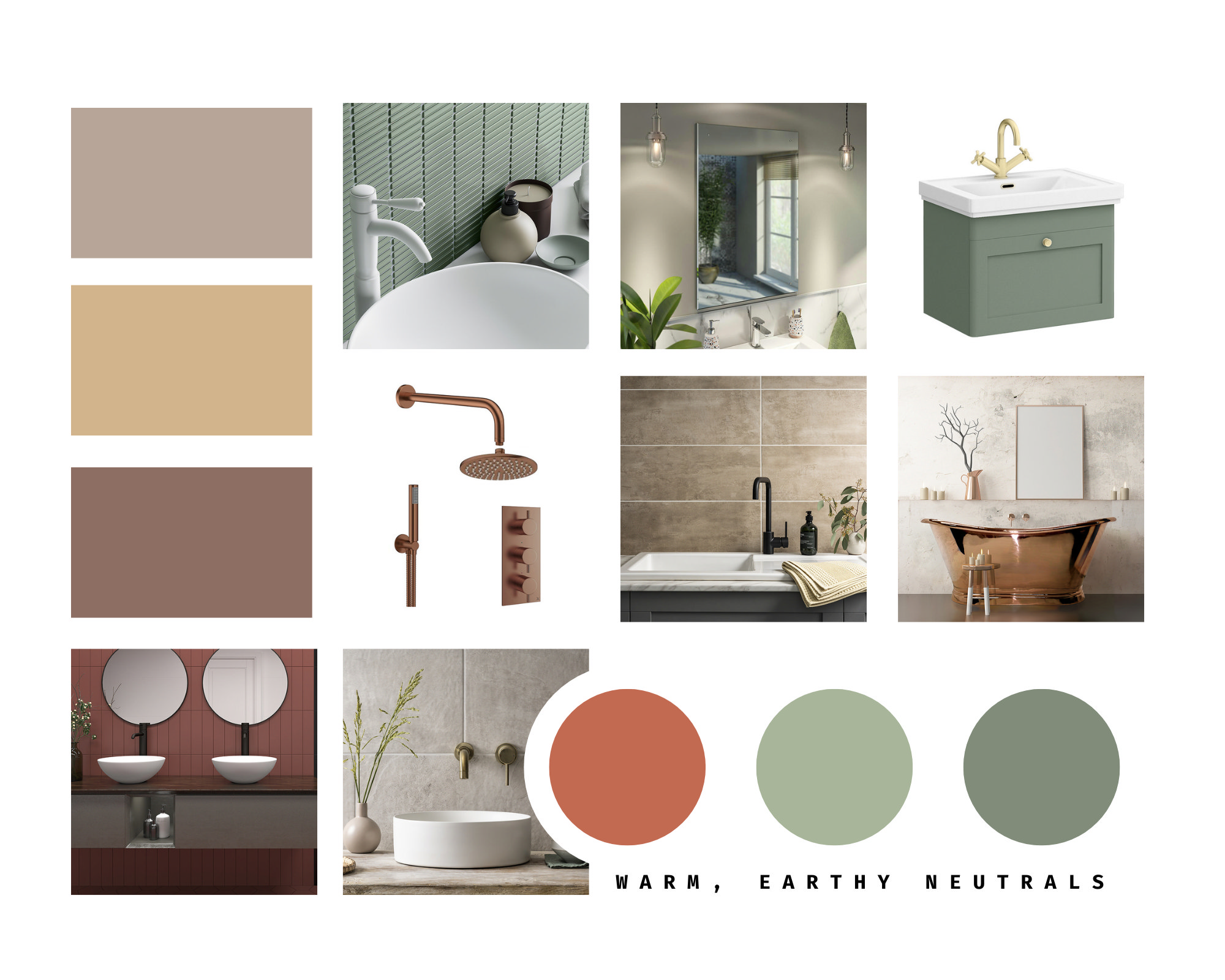 Earthy neutral bathroom colour palette showcasing taupe walls, caramel tiles, and warm brass fixtures for a natural, inviting atmosphere.