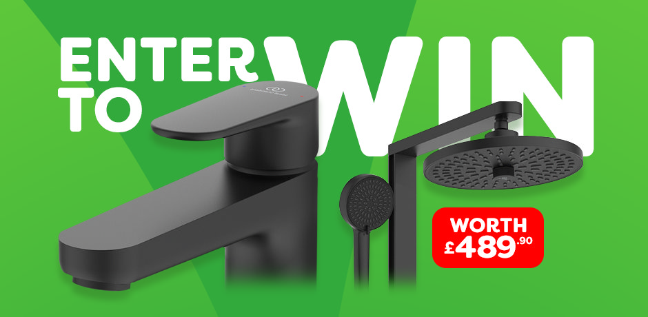 Giveaway promotion graphic featuring a matt black tap and shower system from Ideal Standard, with bold ‘Enter to Win’ text and a red price badge reading ‘Worth £489.90’, set on a green background
