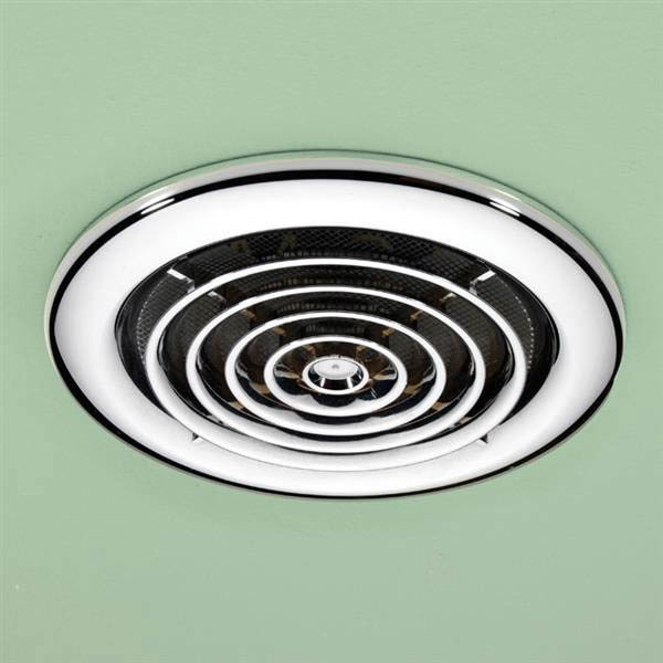 Close-up of a modern ceiling-mounted bathroom extractor fan, featuring a sleek, circular design to efficiently remove moisture and odours from the room.