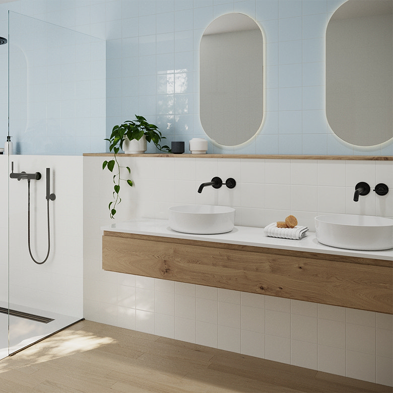Modern bathroom with walk-in shower, double basin vanity, wood-effect unit and soft blue wall tiles