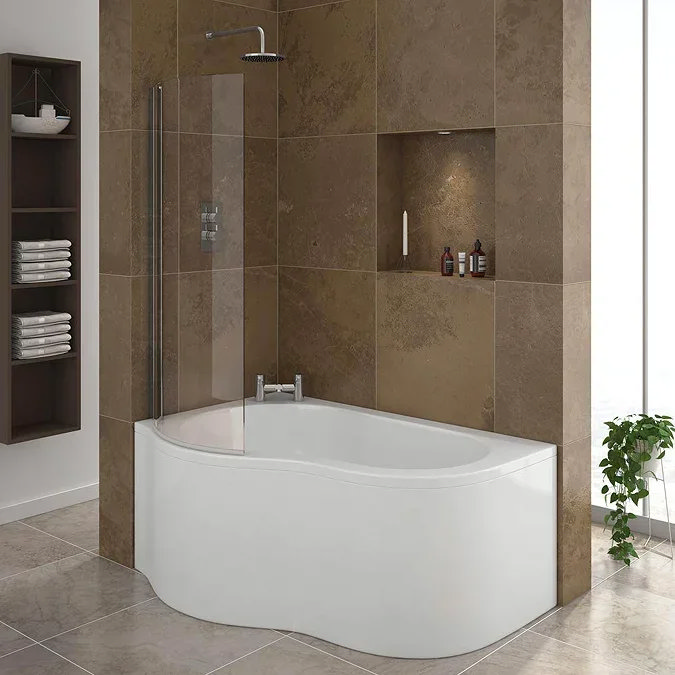 Modern bathroom with a P-shaped shower bath, glass screen, built-in wall niche for toiletries, and brown stone-effect wall tiles, combining functionality with a contemporary design.