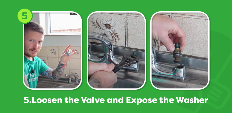 Loosening tap valve with adjustable spanner, then lifting valve to reveal the washer