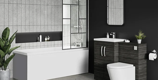 Modern bathroom with black and wood-effect Venice furniture, white bath, and shower screen, available at Victorian Plumbing