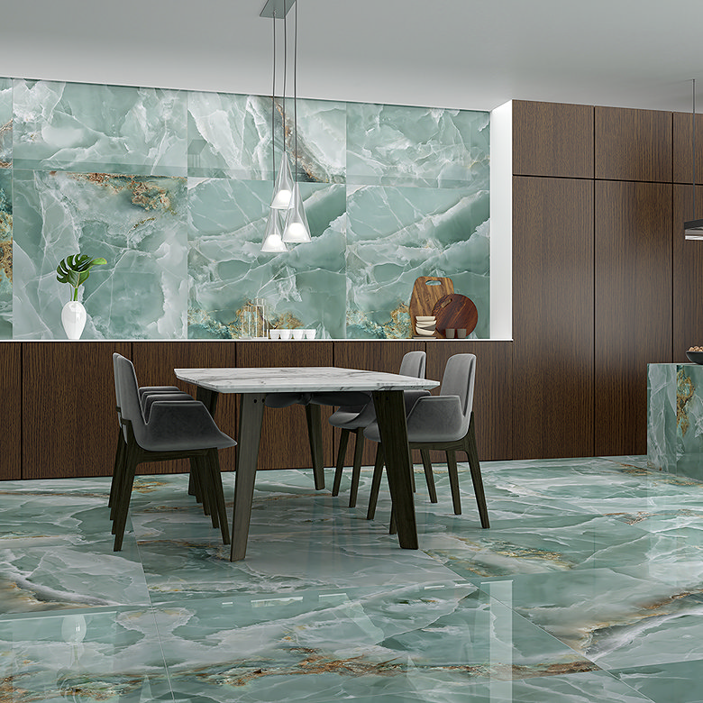 large blue onyx marble effect splashback tiles in kitchen