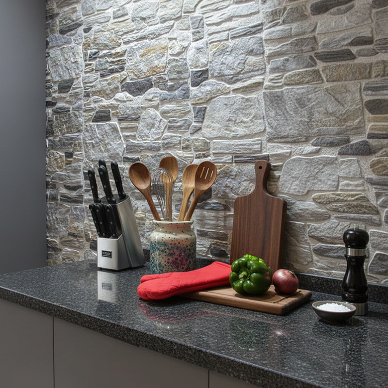 grey stone effect split face splashback tiles