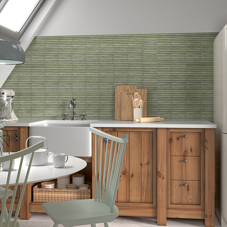 light green fluted kitchen splashback tiles