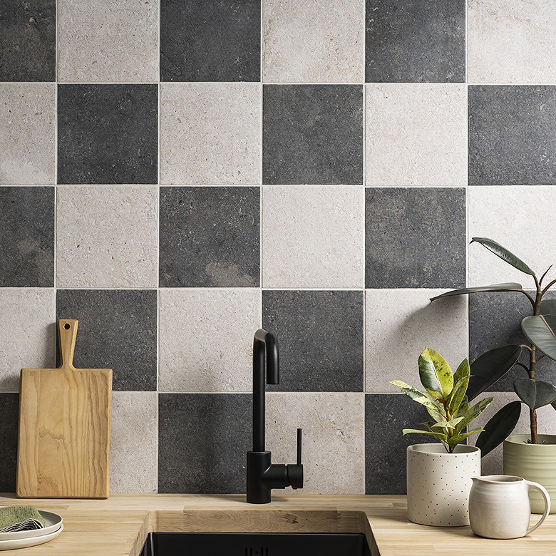 traditional black and white chequered matt effect tiles
