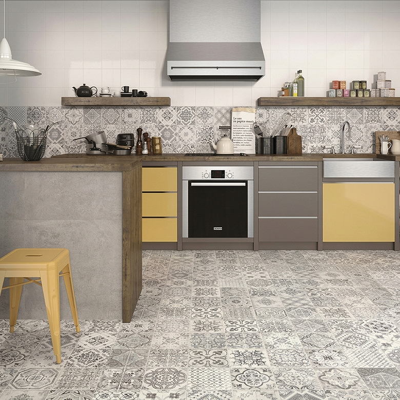 grey intricate patterned encaustic effect kitchen splashback tiles