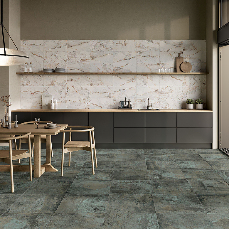 elegant marble effect kitchen backsplash tiling idea
